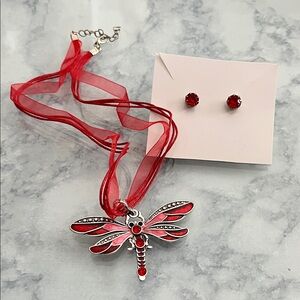 Red Dragonfly Necklace and Earring Set